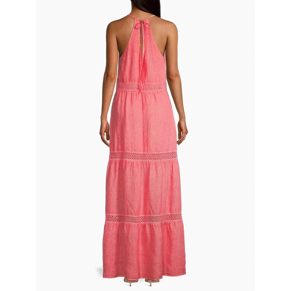 120% Lino Resort Linen Tiered Halter Maxi Dress Crochet Sleeveless, Coral Pink - Picture 13 of 14